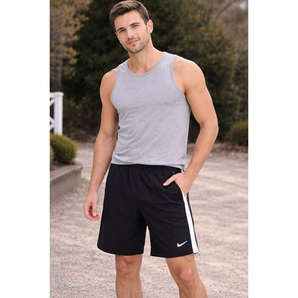Nike Mens Medium Black Athletic Shorts White Stripe Lined Gym Running